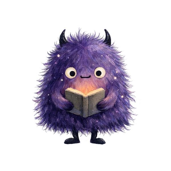Un adorable monstre violet qui lit un livre magique